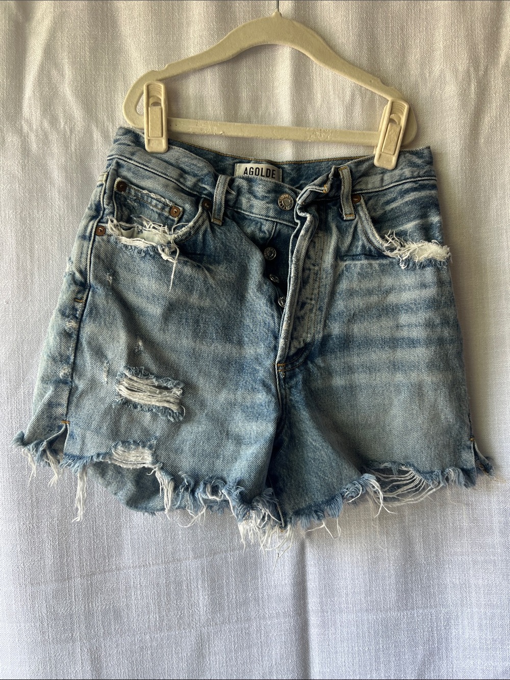 Agolde Light Wash Distressed Denim Cutoff Shorts